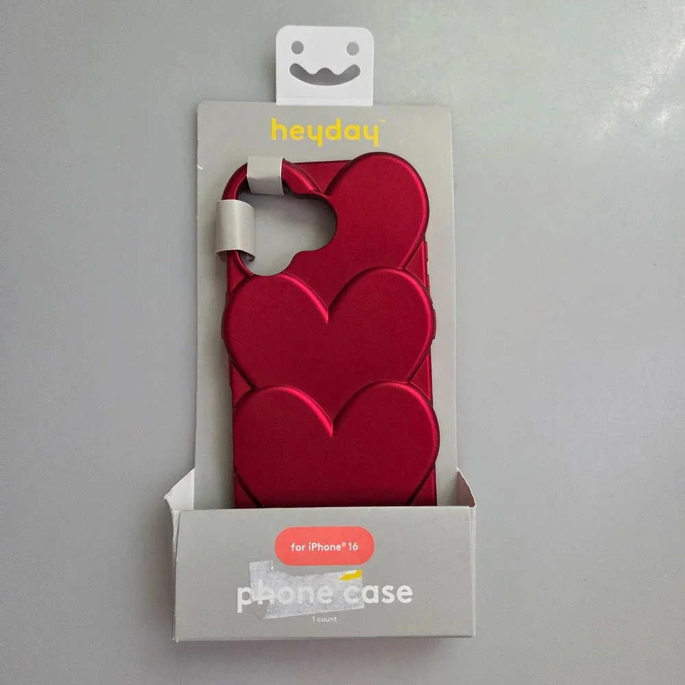 Heyday Apple iPhone 16 Phone Case Metallic Red 3D Triple Heart Design Protective